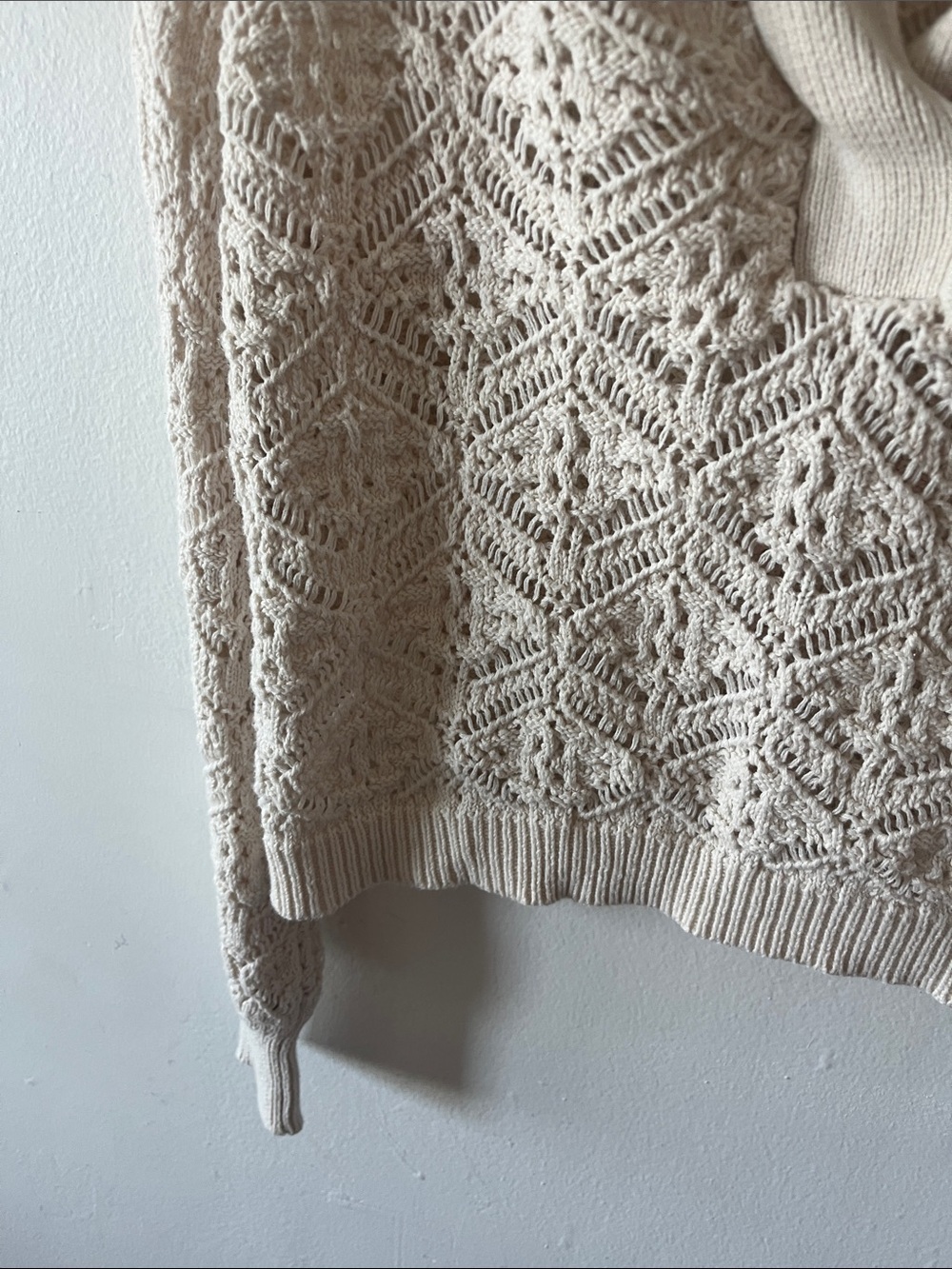 Open-Knit V-Neck Polo Sweater in Cream See-Through - Picture 5 of 8